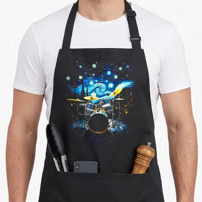 Drum van gogh apron - Realistic drum kit printed on swirling blue starry night sky background with orange accents — shown on a black cotton canvas apron against a white background