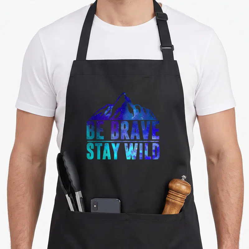 Brave wild camping apron - Mountain silhouette and text filled with blue purple cyan galaxy pattern — shown on a black cotton canvas apron against a white background