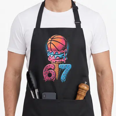 67th ice cream apron - Cartoon basketball ice cream cone with pink and blue drips and large 67 number with sprinkles — shown on a black cotton canvas apron against a white background