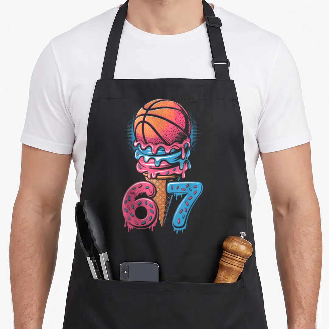 67th ice cream apron - Cartoon basketball ice cream cone with pink and blue drips and large 67 number with sprinkles — shown on a black cotton canvas apron against a white background