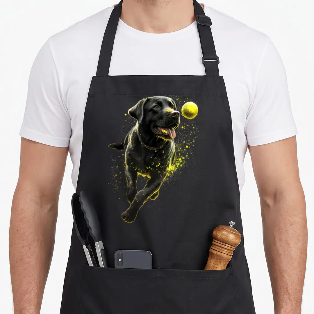 Ball labrador apron - Realistic black dog jumping toward yellow ball with paint splatters — shown on a black cotton canvas apron against a white background