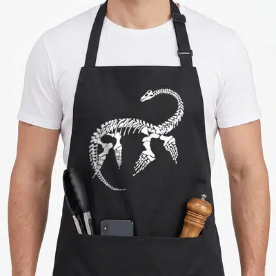 Plesiosaurus science apron - white plesiosaurus skeleton illustration on black background — shown on a black cotton canvas apron against a white background