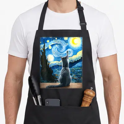 Gogh russian aprons - Grey cat reaching up at swirling blue yellow night sky with moon and cypress tree — shown on a black cotton canvas apron against a white background