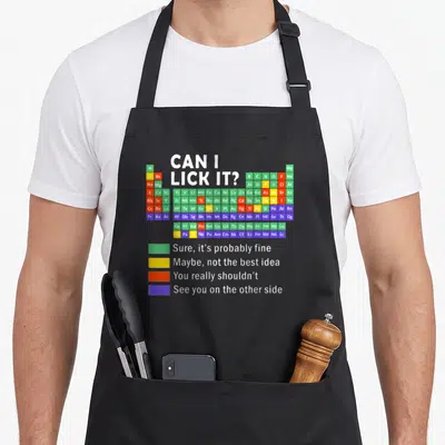 Lick science apron - Periodic table with safety legend reading Can I Lick It and color coded blocks — shown on a black cotton canvas apron against a white background