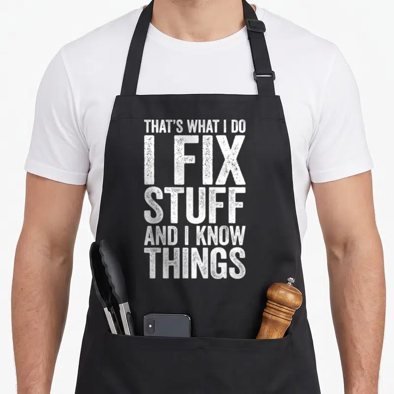 Cute fix novelty apron - White distressed stacked text reading THAT'S WHAT I DO I FIX STUFF AND I KNOW THINGS — shown on a black cotton canvas apron against a white background