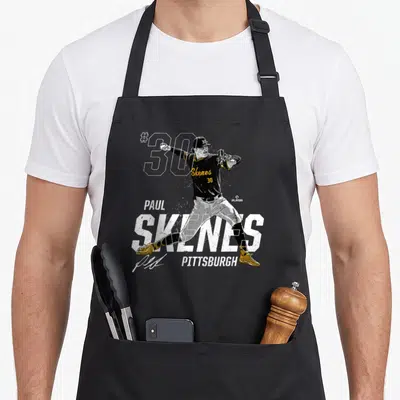 Dynamic pose baseball apron - Paul Skenes pitcher #30 Pittsburgh distressed print with signature — shown on a black cotton canvas apron against a white background