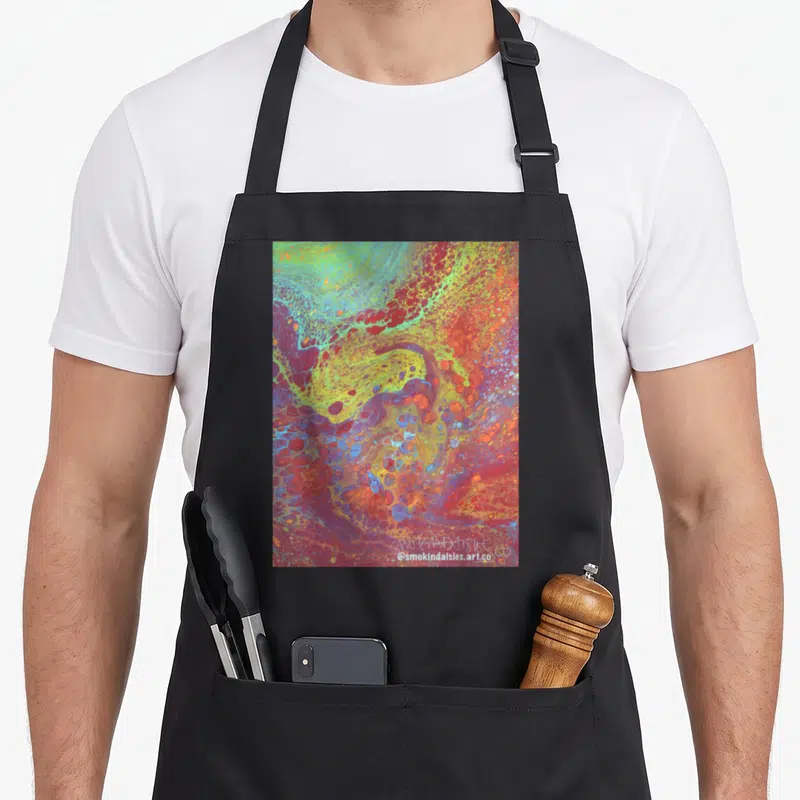 Funny retrowave apron - Abstract fluid art tie-dye pattern in red, blue, yellow, green, and purple — shown on a black cotton canvas apron against a white background