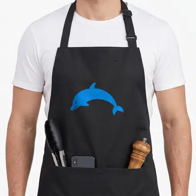 Cool dolphin apron - Blue jumping dolphin silhouette centered on grey background — shown on a black cotton canvas apron against a white background