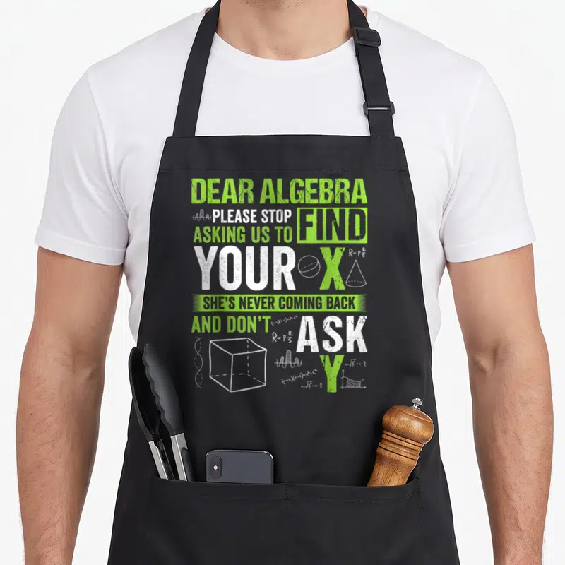 Asking us aprons - Lime green and white algebra pun text with geometric shapes on black apron — shown on a black cotton canvas apron against a white background