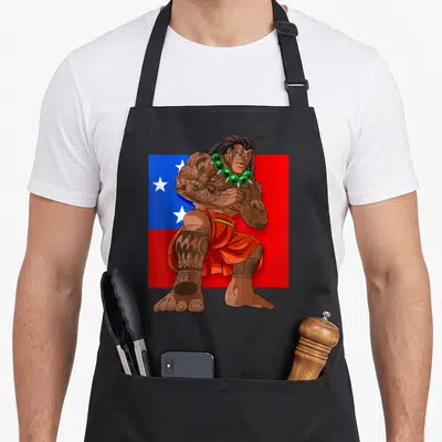 Polynesian pride apron - Tattooed man in stance before red and blue Samoa flag in cartoon style — shown on a black cotton canvas apron against a white background