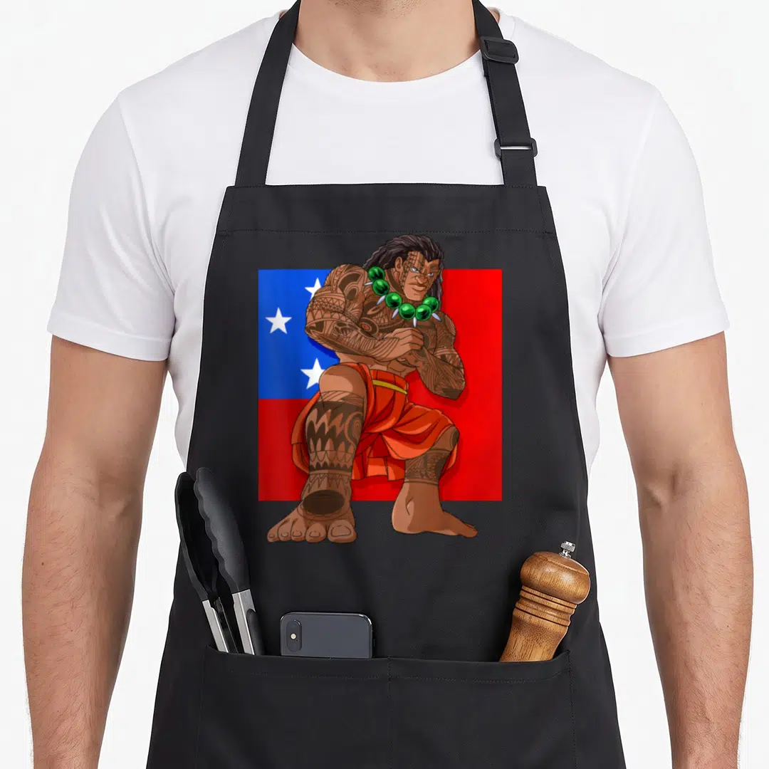 Polynesian pride apron - Tattooed man in stance before red and blue Samoa flag in cartoon style — shown on a black cotton canvas apron against a white background