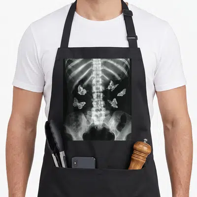 Egirl butterfly apron - X-ray of spine and pelvis with five white butterflies in grayscale photo style — shown on a black cotton canvas apron against a white background