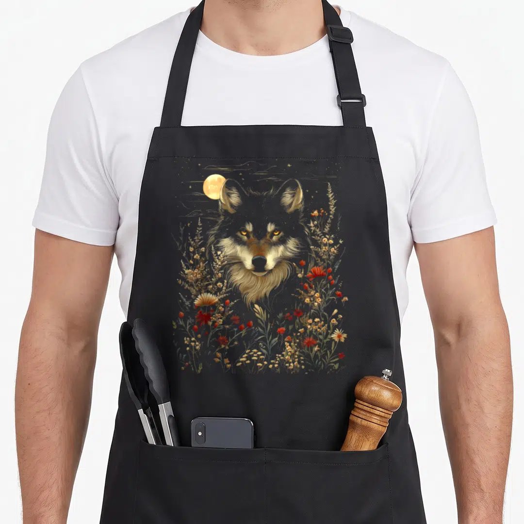 Moon floral apron - Realistic wolf head surrounded by red flowers and gold moon on grey background — shown on a black cotton canvas apron against a white background