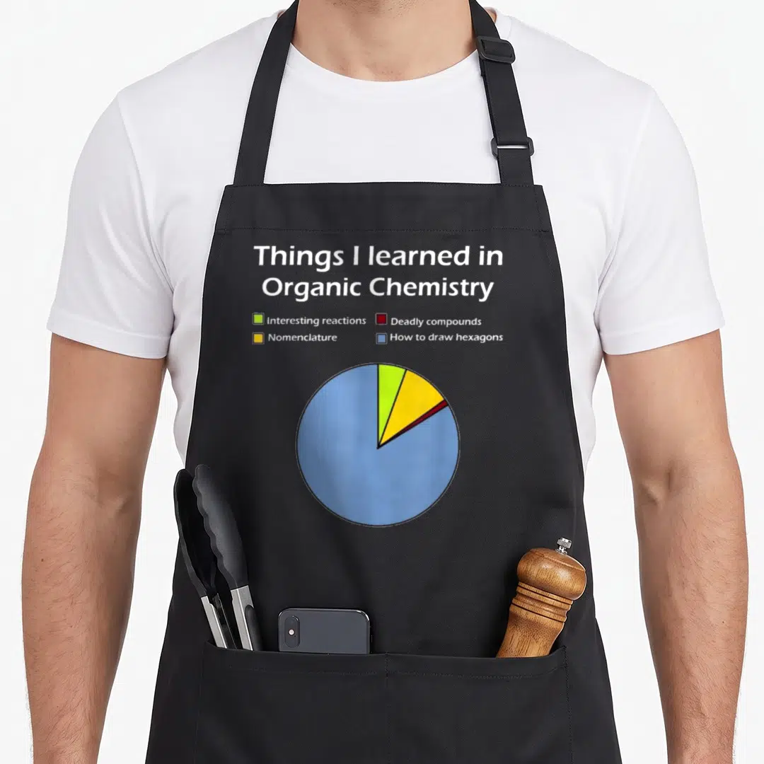 Organic chemistry apron - Pie chart showing hexagon drawing dominates organic chemistry study time — shown on a black cotton canvas apron against a white background