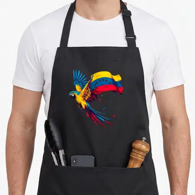 Star venezuela apron - Realistic macaw flying left with Venezuelan flag behind and loose feathers below in yellow blue — shown on a black cotton canvas apron against a white background