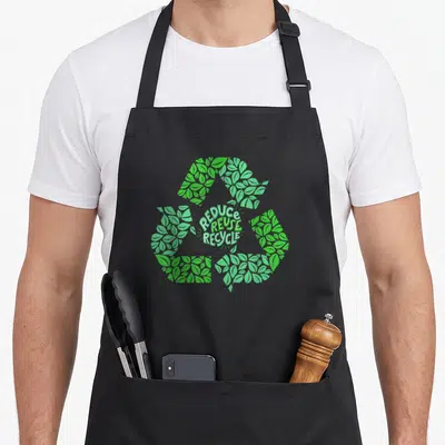 Earth recycling awareness apron - Green leaves forming a recycle symbol with stacked REDUCE REUSE RECYCLE text — shown on a black cotton canvas apron against a white background