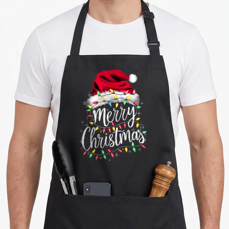 Merry santa aprons - Red Santa hat with colorful lights and Merry Christmas text in cartoon style — shown on a black cotton canvas apron against a white background