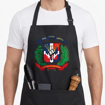 Republic dominican apron - Coat of arms with DIOS PATRIA LIBERTAD on blue ribbon, REPUBLICA DOMINICANA on red, shield — shown on a black cotton canvas apron against a white background