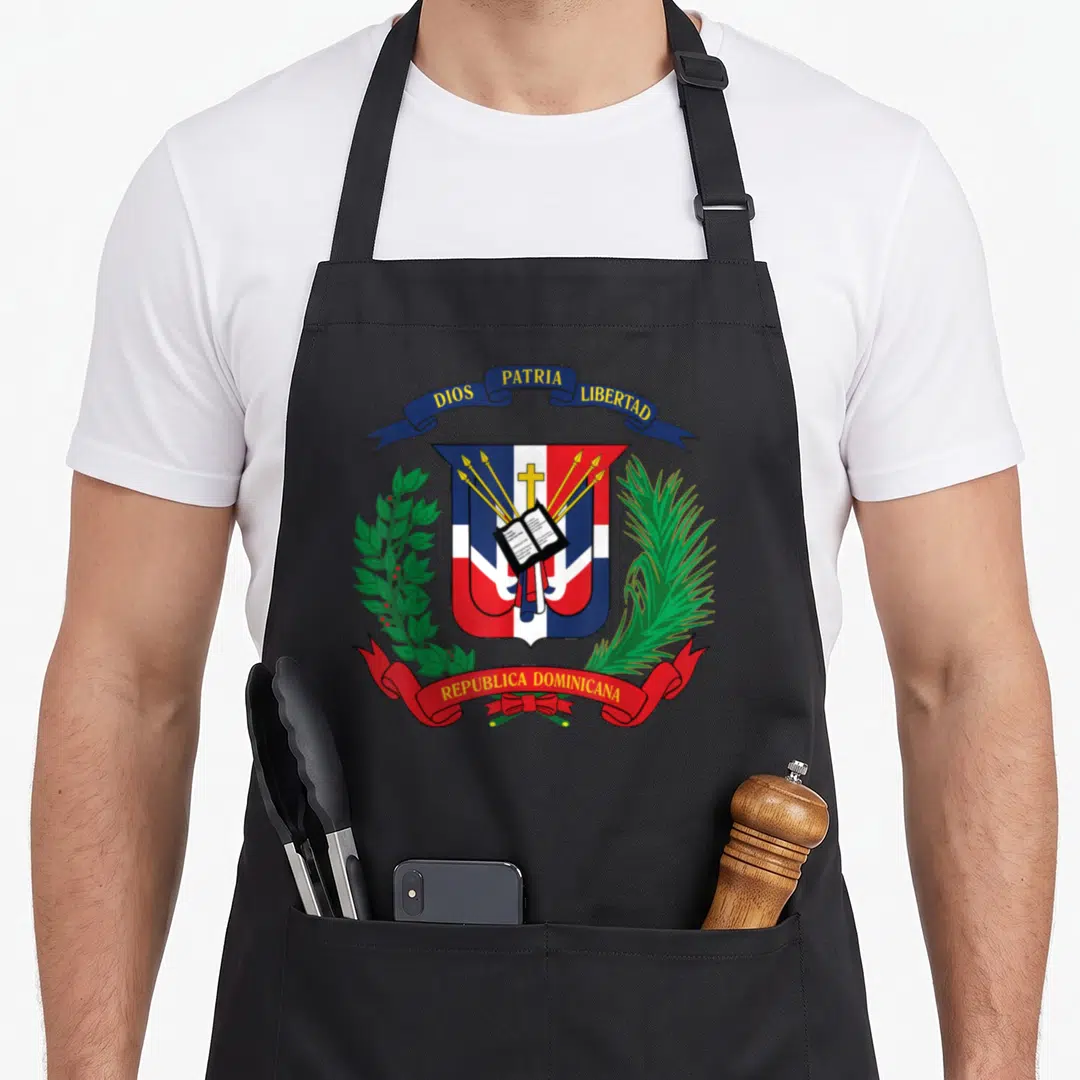 Republic dominican apron - Coat of arms with DIOS PATRIA LIBERTAD on blue ribbon, REPUBLICA DOMINICANA on red, shield — shown on a black cotton canvas apron against a white background