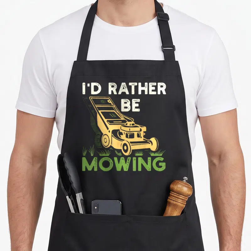 Rather mower apron - Distressed yellow lawn mower and I'D RATHER BE MOWING text on black fabric — shown on a black cotton canvas apron against a white background