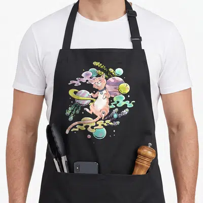 Celestial goose apron - Peach cat floating among colorful planets with COSMIC collar tag in cartoon style — shown on a black cotton canvas apron against a white background