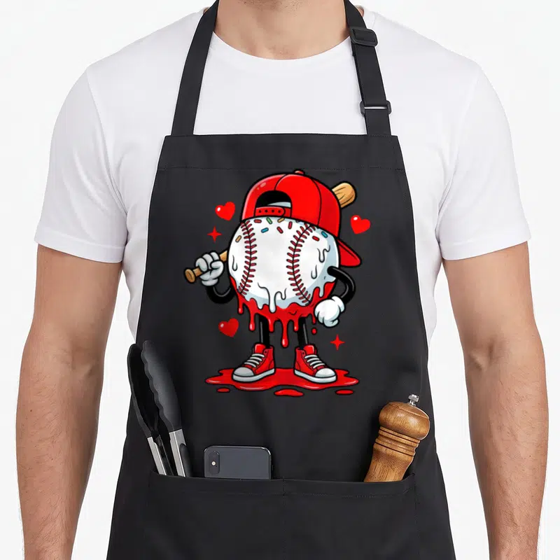Icecream drip apron - Cartoon baseball melting red with cap bat sneakers hearts stars — shown on a black cotton canvas apron against a white background
