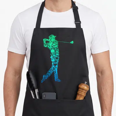 Golfer golfing golf apron - Golfer silhouette formed by golf icons in green-to-blue gradient — shown on a black cotton canvas apron against a white background