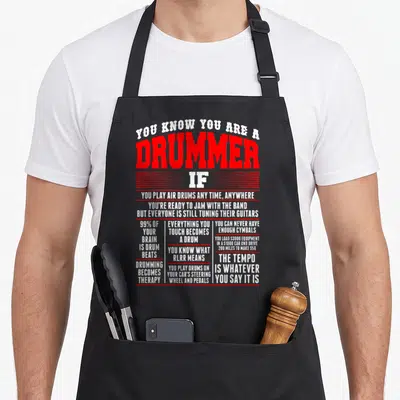 Play drums apron - Red and white stacked text reading You Know You Are A Drummer If listing musician behaviors — shown on a black cotton canvas apron against a white background