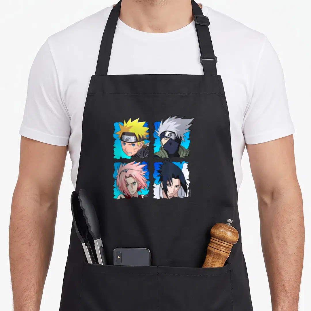 Funny shippuden general apron - Four anime character portraits in a 2x2 grid with blue backgrounds and yellow pink — shown on a black cotton canvas apron against a white background