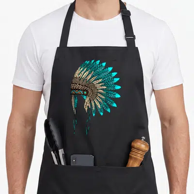 Decor jewelry apron - Line art war bonnet with turquoise and beige feathers and decorated headband — shown on a black cotton canvas apron against a white background