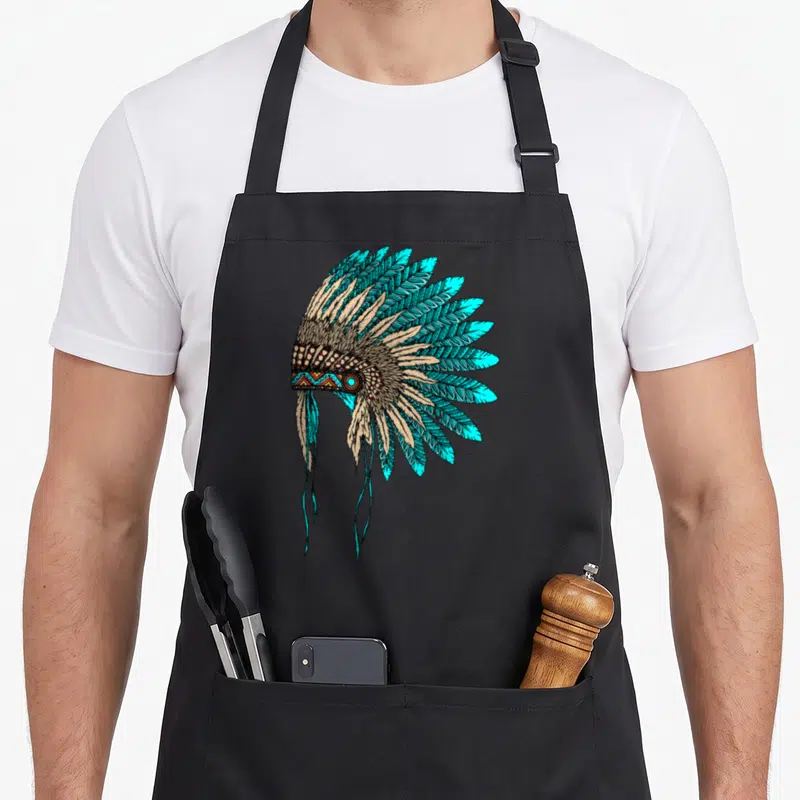 Decor jewelry apron - Line art war bonnet with turquoise and beige feathers and decorated headband — shown on a black cotton canvas apron against a white background