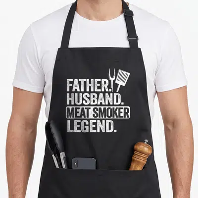 Father meat smoking apron - White distressed text stacking FATHER HUSBAND MEAT SMOKER LEGEND beside fork and spatula — shown on a black cotton canvas apron against a white background