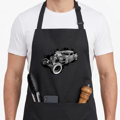 Bucket car apron - Grey hot rod car with white walls over black ink splatter background — shown on a black cotton canvas apron against a white background