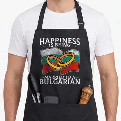 Marriage bulgarian girl apron - Distressed flag with two gold rings and text about being married to a Bulgarian — shown on a black cotton canvas apron against a white background