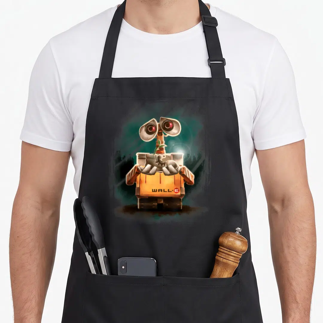 Wall shoe apron - WALL-E robot holding a boot with a plant inside, orange body, text on chest — shown on a black cotton canvas apron against a white background