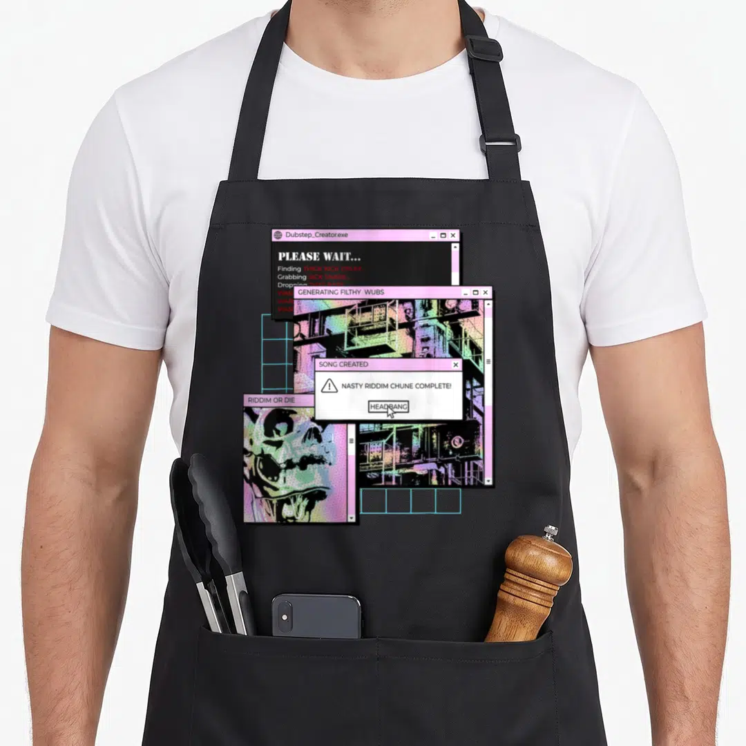 Creator dubstep apron - Retro computer windows with Dubstep_Creator.exe text, skull graphic, and pink loading bars — shown on a black cotton canvas apron against a white background