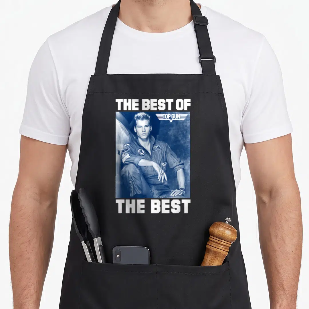 Iceman gun apron - Blue photo of man sandwiched between white text reading The Best of The Best — shown on a black cotton canvas apron against a white background