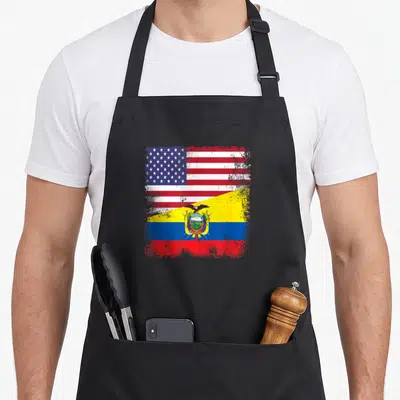 Ecuadorean ecuador apron - Distressed split USA and Ecuador flag design with red white blue yellow colors — shown on a black cotton canvas apron against a white background