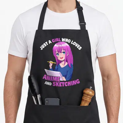 Otaku japan apron - Pink hair anime girl holding pencil and sketchbook with arched text — shown on a black cotton canvas apron against a white background
