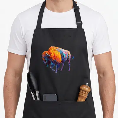 Bison buffalo plaid apron - Watercolor bison in orange yellow blue purple red standing profile — shown on a black cotton canvas apron against a white background