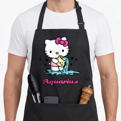 Aquarius zodiac aprons - Hello Kitty pouring blue water from yellow starry can with pink Aquarius text below — shown on a black cotton canvas apron against a white background