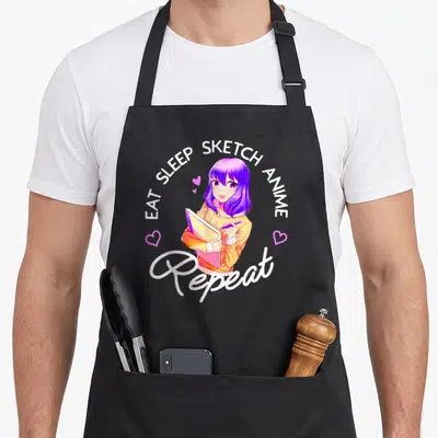 Sleep sketch anime apron - Purple anime girl holding sketchbook surrounded by hearts and text EAT SLEEP SKETCH ANIME — shown on a black cotton canvas apron against a white background