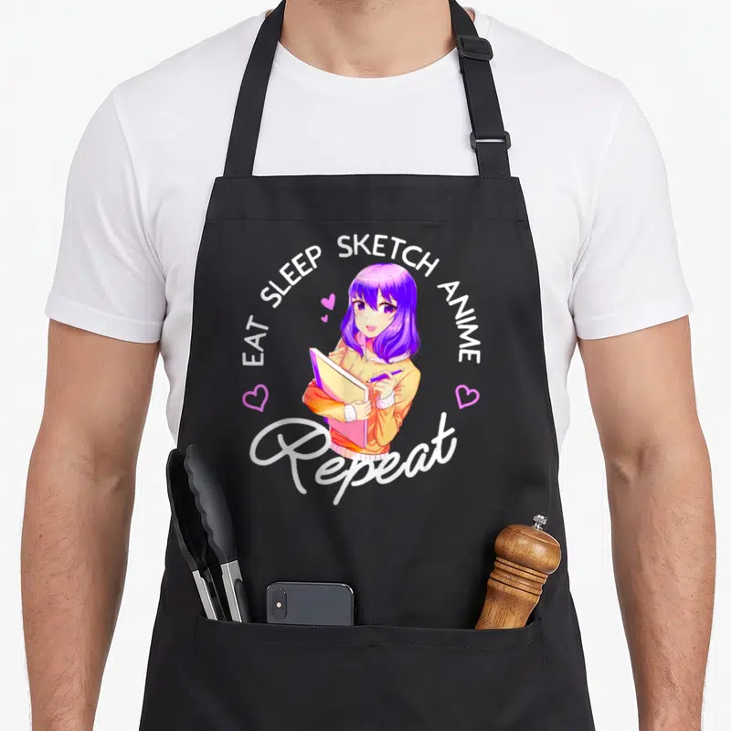 Sleep sketch anime apron - Purple anime girl holding sketchbook surrounded by hearts and text EAT SLEEP SKETCH ANIME — shown on a black cotton canvas apron against a white background