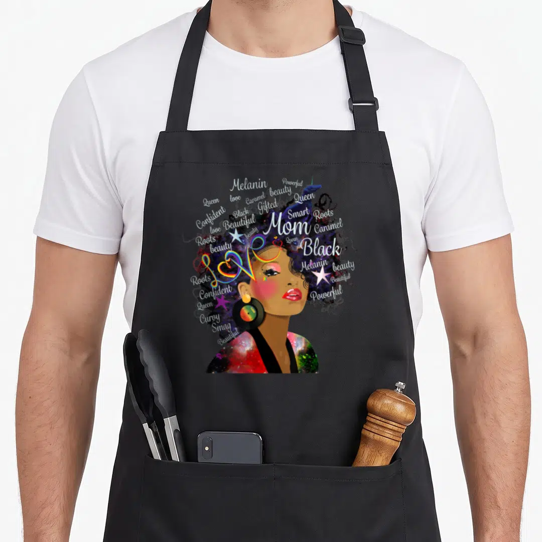 Month history mom apron - Woman portrait with melanin queen love text and vinyl record earring on black background — shown on a black cotton canvas apron against a white background