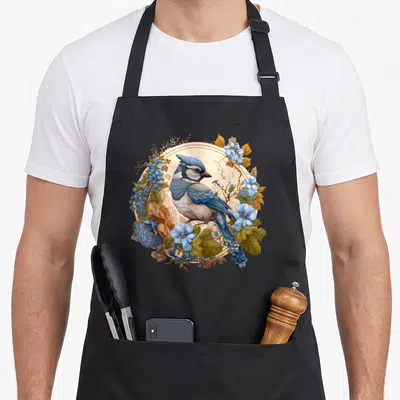 Jay floral apron - Realistic blue jay inside circular wreath of blue flowers, berries, and green and brown foliage — shown on a black cotton canvas apron against a white background