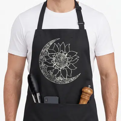 Moon sunflower apron - White line-art sunflower overlapping a lace-filled crescent moon on black fabric — shown on a black cotton canvas apron against a white background