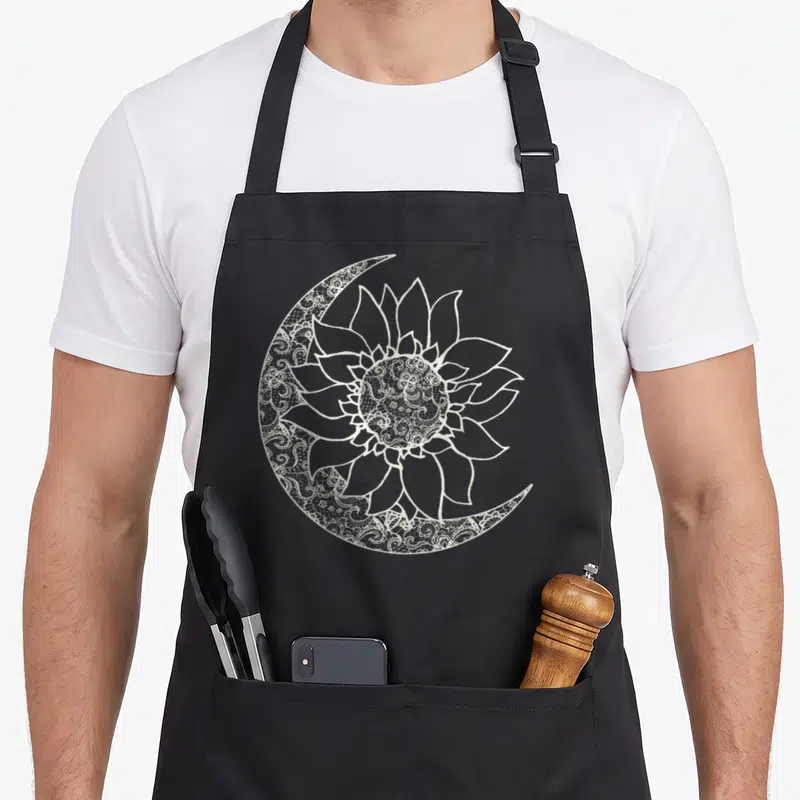 Moon sunflower apron - White line-art sunflower overlapping a lace-filled crescent moon on black fabric — shown on a black cotton canvas apron against a white background