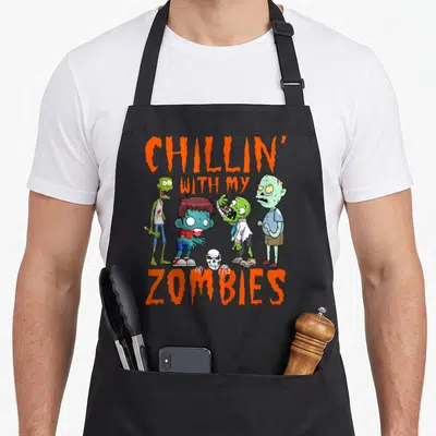 Zomby halloween apron - Four cartoon zombies and skull with orange Chillin With My Zombies text — shown on a black cotton canvas apron against a white background