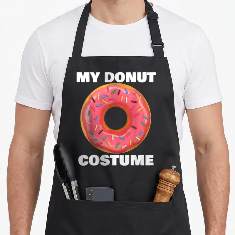 Halloween sprinkle apron - Cartoon pink donut with MY DONUT COSTUME text in white block letters — shown on a black cotton canvas apron against a white background