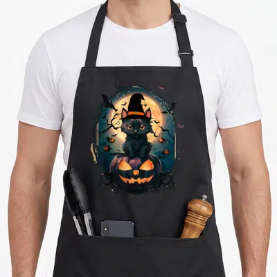 Candle halloween witch apron - Cartoon black cat in witch hat sitting on glowing jack-o-lantern under full moon — shown on a black cotton canvas apron against a white background